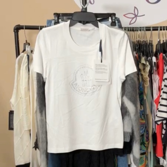 Moncler Tops - Moncler Crystal Logo Women’s White Crew-Neck Short Sleeve T-Shirt